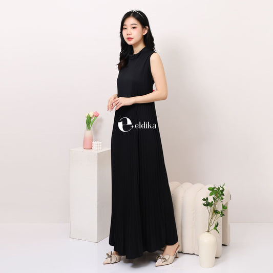 Eldika Inner Pleated Long Dress – Black