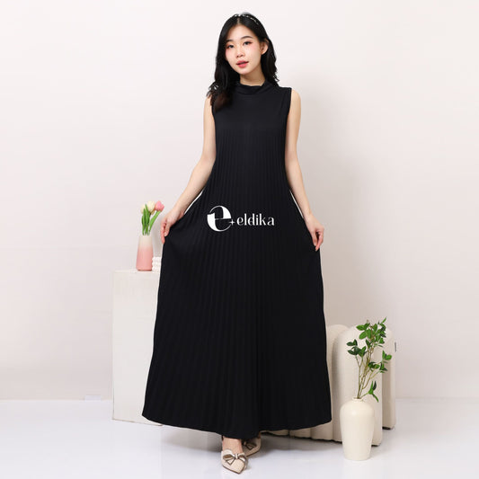 Eldika Inner Pleated Long Dress – Black